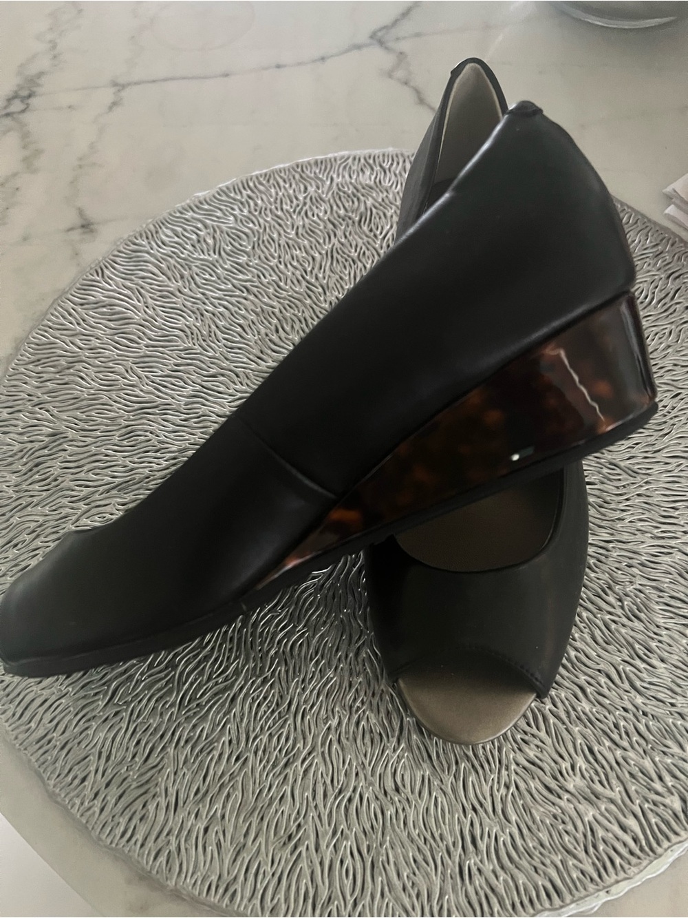 Women’s Black Wedge Pumps with Tortoiseshell Accent